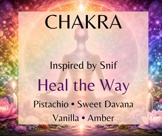 Chakra inspired by Snif Heal the Way. Pistachio, palo santo, vanilla, amber, and musk create a warm, grounding fragrance. Available in Perfume Oil, Body Spray, Body Oil & Lotion.
