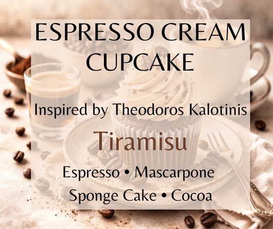 Espresso Cream Cupcake inspired by Theodoros Kalotinis Tiramisu. Espresso, mascarpone, sponge cake, cocoa, vanilla, and Marsala wine create a rich gourmand fragrance. Available in Perfume Oil, Body Spray, Body Oil & Lotion.