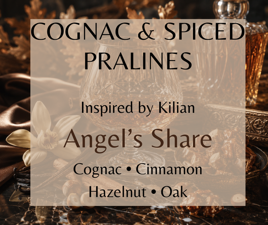 Cognac & Spiced Pralines inspired by Kilian Angels' Share. Cognac, cinnamon, praline, and vanilla create a warm, indulgent fragrance. Available in Perfume Oil, Body Spray, Body Oil & Lotion.