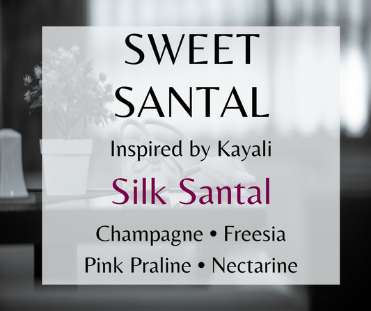 Sweet Santal inspired by Kayali The Wedding Silk Santal. Champagne, pink praline, sandalwood, and sugared musk create a romantic fragrance. Available in Perfume Oil, Body Spray, Body Oil & Lotion.