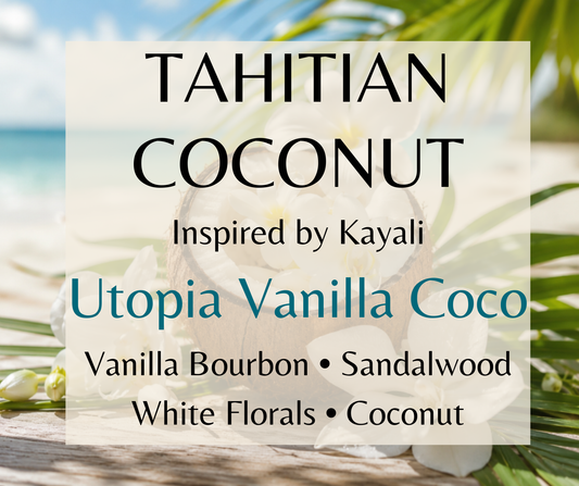 Tahitian Coconut inspired by Kayali Utopia Vanilla Coco. Milky coconut, white florals, and vanilla bourbon create a creamy tropical fragrance. Available in Perfume Oil, Body Spray, Body Oil & Lotion.