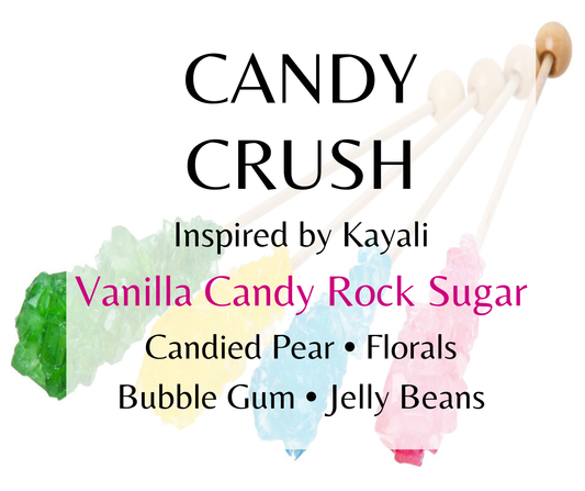 Candy Crush inspired by Kayali Vanilla Candy Rock Sugar. Candied pear, bubble gum, jelly beans, and caramel create a sweet, playful fragrance. Available in Perfume Oil, Body Spray, Body Oil & Lotion.