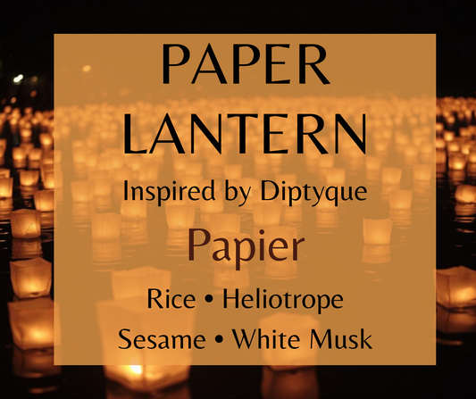 Paper Lantern inspired by Diptyque Papier. Rice, paper accords, heliotrope, white musk, and sesame create a soft, comforting fragrance. Available in Perfume Oil, Body Spray, Body Oil & Lotion.
