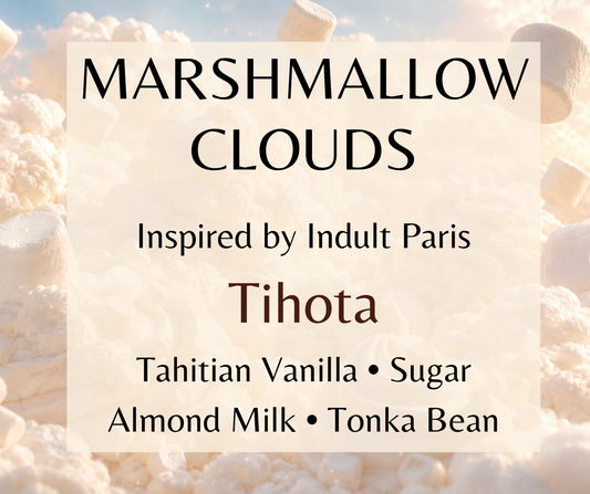 Marshmallow Clouds inspired by Indult Tihota. Tahitian vanilla, cane sugar, almond milk, and tonka bean create a soft gourmand fragrance. Available in Perfume Oil, Body Spray, Body Oil & Lotion.   Available in Perfume Oil, Body Spray, Body Oil & Lotion