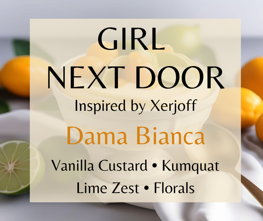Girl Next Door inspired by Xerjoff Dama Bianca. Vanilla custard, citrus zest, soft florals, and white musk create a bright, elegant fragrance. Available in Perfume Oil, Body Spray, Body Oil & Lotion.