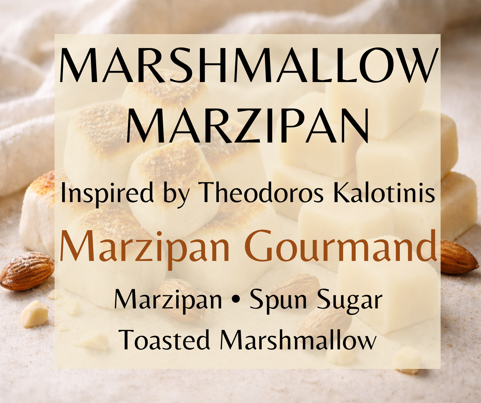Marshmallow Marzipan inspired by Theodoros Kalotinis Marzipan Gourmand. Almond marzipan, toasted marshmallow, and sugar create a rich gourmand fragrance. Available in Perfume Oil, Body Spray, Body Oil & Lotion.
