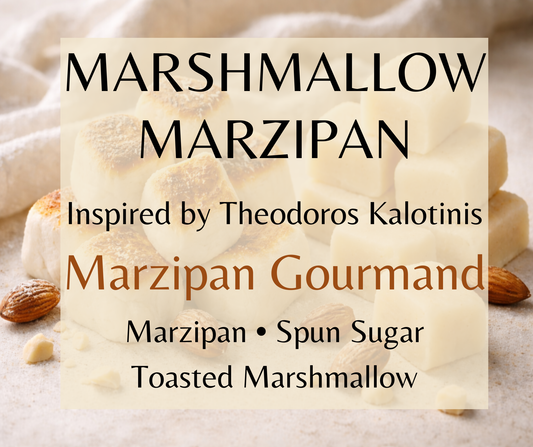 Marshmallow Marzipan inspired by Theodoros Kalotinis Marzipan Gourmand. Almond marzipan, toasted marshmallow, and sugar create a rich gourmand fragrance. Available in Perfume Oil, Body Spray, Body Oil & Lotion.
