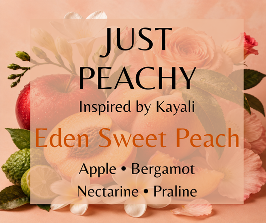 Just Peachy inspired by Kayali Eden Sweet Peach. Juicy peach, apple, and nectarine blend with vanilla, amber, and musk for a sweet, addictive fragrance. Available in Perfume Oil, Body Spray & Body Oil.