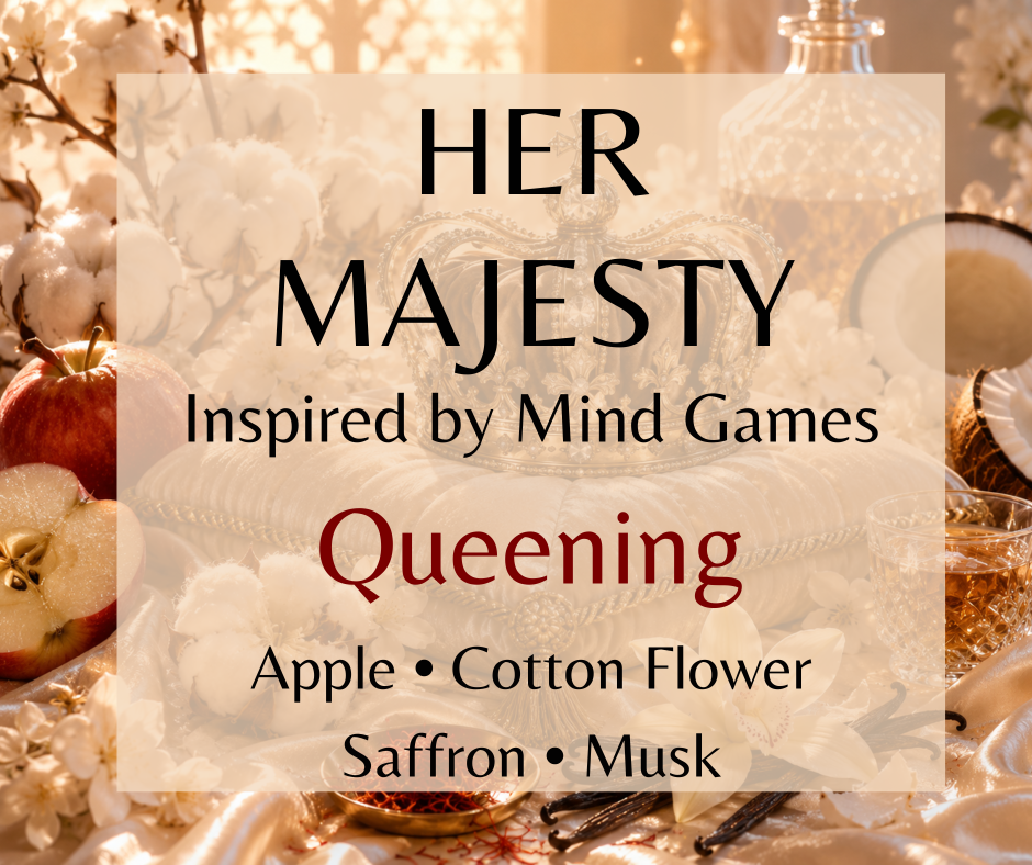 A luxurious blend of cotton flower, crisp apple, saffron, warm rum, creamy vanilla, coconut, and soft musk. Elegant, feminine, and effortlessly regal. Available in Perfume Oil, Body Spray, Body Oil & Lotion