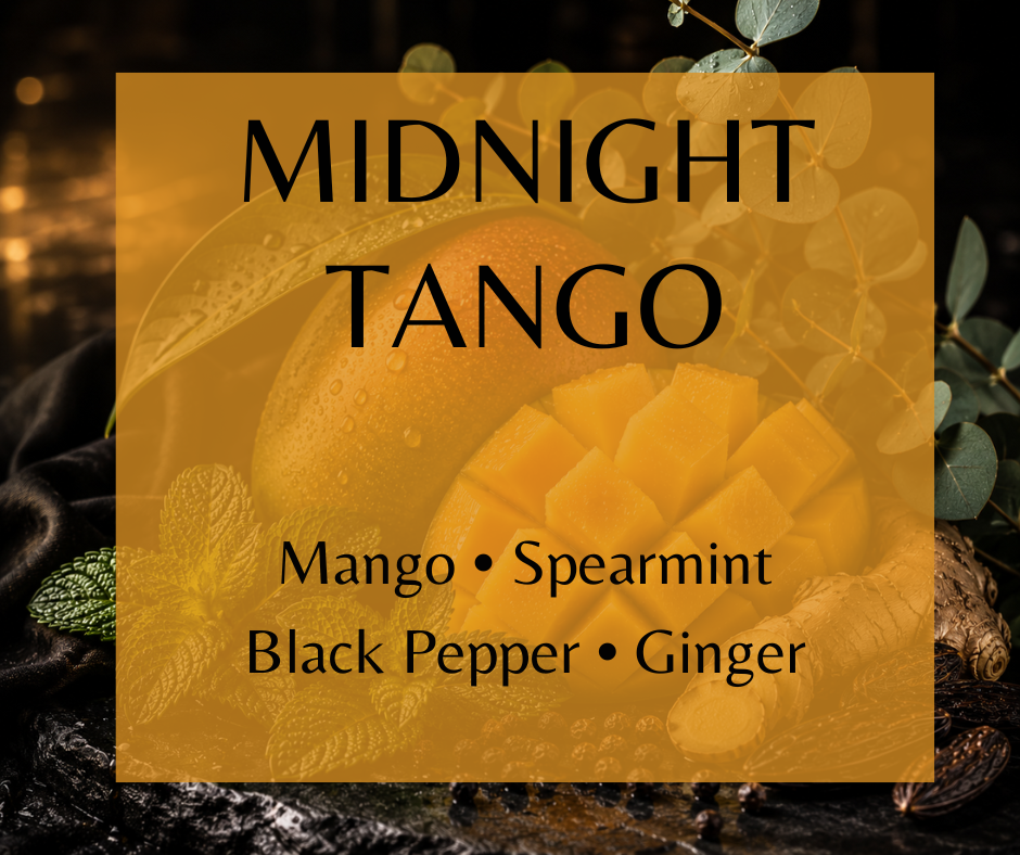 Midnight Tango blends juicy mango, spearmint, eucalyptus, black pepper, ginger, amber, and tonka bean into a bold, cool-spiced fragrance made for after dark. Available in Perfume Oil, Body Spray, Body Oil & Lotion