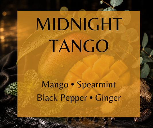 Midnight Tango blends juicy mango, spearmint, eucalyptus, black pepper, ginger, amber, and tonka bean into a bold, cool-spiced fragrance made for after dark. Available in Perfume Oil, Body Spray, Body Oil & Lotion