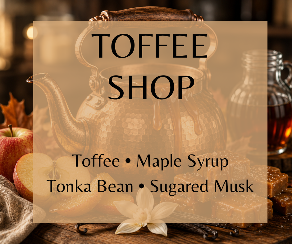 Toffee Shop  blends maple syrup, poached apples, toasted toffee, vanilla bourbon, tonka bean, sweet cream, and sugared musk into a rich, buttery autumn fragrance. Available in Perfume Oil, Body Spray, Body Oil & Lotion