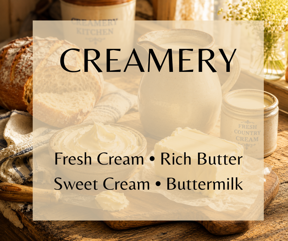 Creamery - Fresh cream, churned butter, whole milk, buttermilk, and soft vanilla create Creamery Kitchen, a rich, comforting gourmand fragrance inspired by a cozy farmhouse morning. Available in Perfume Oil, Body Spray, Body Oil & Lotion