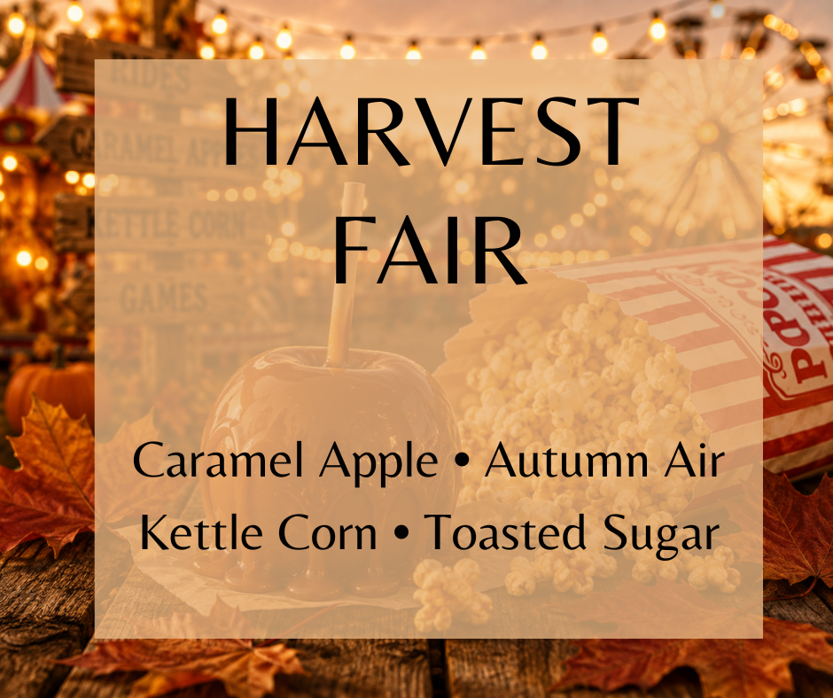 HARVEST FAIR - Step beneath glowing lights and wander the fairgrounds where crisp autumn air is filled with the irresistible aroma of caramel-dipped apples, warm kettle corn, and golden leaves. Available in Perfume Oil, Body Spray, Body Oil & Lotion