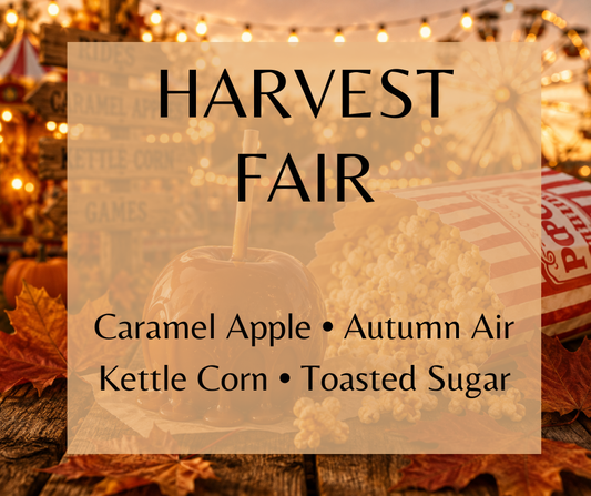 HARVEST FAIR - Step beneath glowing lights and wander the fairgrounds where crisp autumn air is filled with the irresistible aroma of caramel-dipped apples, warm kettle corn, and golden leaves. Available in Perfume Oil, Body Spray, Body Oil & Lotion