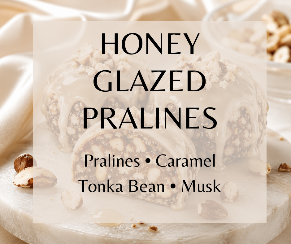 Honey Glazed Pralines blends sweet honey, buttery praline, creamy caramel, toasted hazelnut, Brazil nut, tonka bean, musk, and a hint of salt. Available in Perfume Oil, Body Spray, Body Oil & Lotion