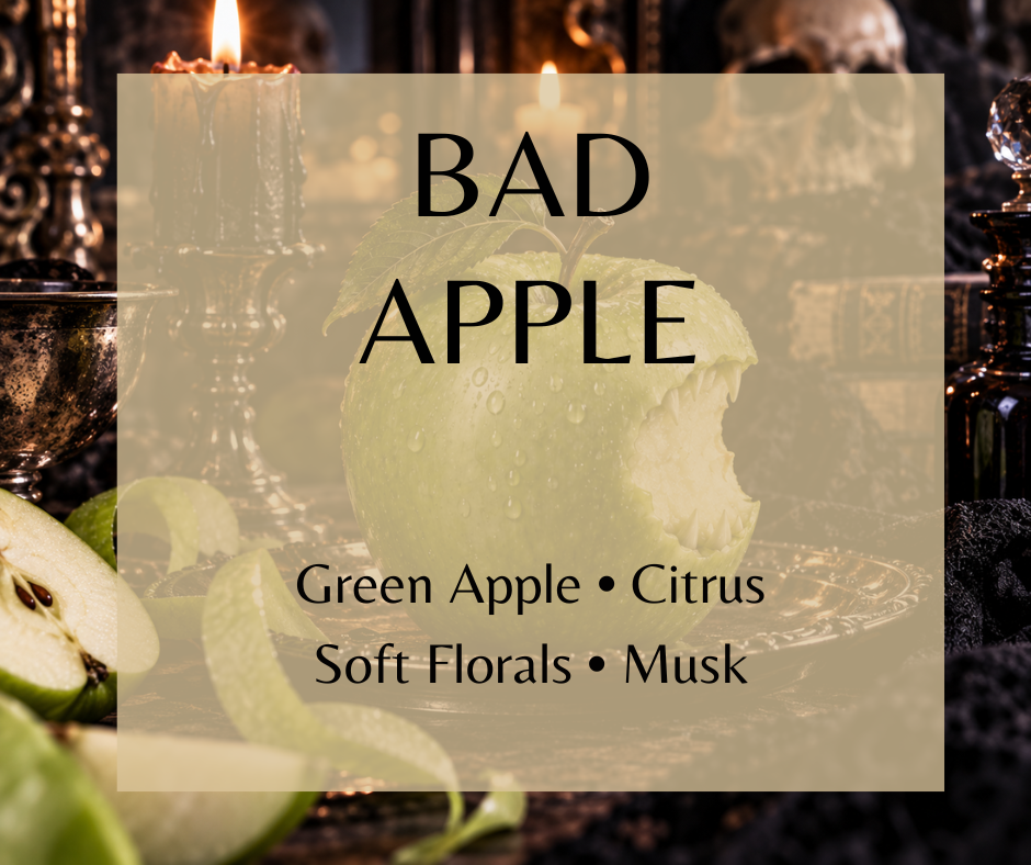 Bad Apple fragrance captures crisp Granny Smith apple with fresh green peel, subtle citrus and fruit, soft florals and clean musk.  Available in Perfume Oil, Body Spray, Body Oil & Lotion