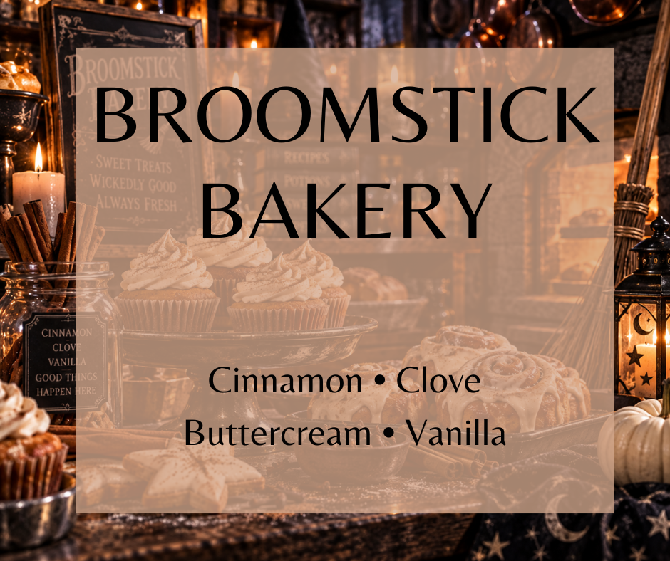 Broomstick Bakery fragrance blends warm cinnamon and clove with creamy buttercream and rich vanilla for a cozy, sweet and decadently spiced gourmand.  Available in Perfume Oil, Body Spray, Body Oil & Lotion