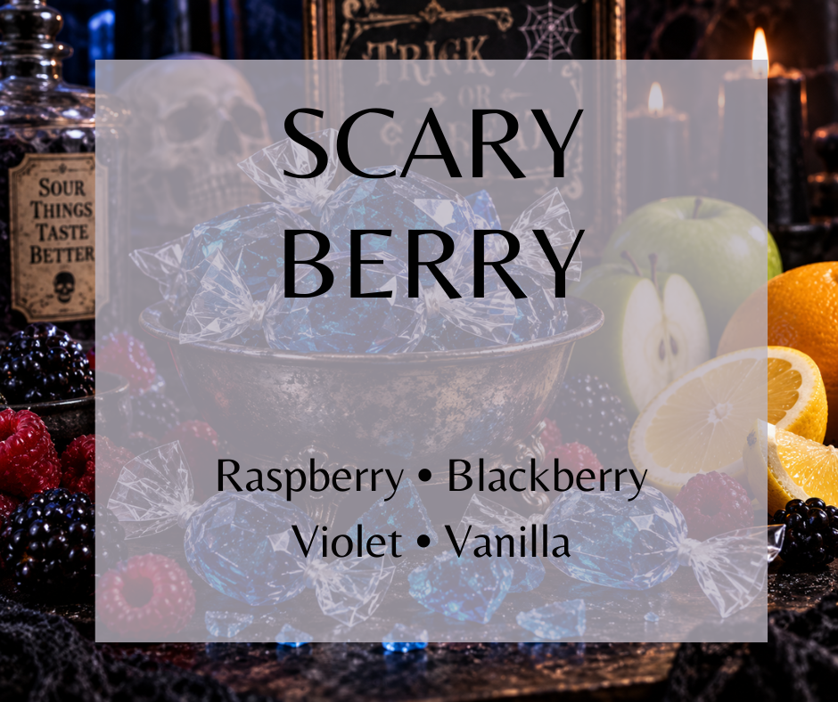 Scary Berry fragrance blends sugary raspberry, tart blackberry, citrus and sour green apple with violet and vanilla for a sweet, tangy candy scent.  Available in Perfume Oil, Body Spray, Body Oil & Lotion