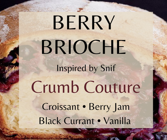 Berry Brioche inspired by Snif Crumb Couture. Buttery croissant, berry jam, black currant, vanilla, tonka bean, and sandalwood create a warm gourmand fragrance. Available in Perfume Oil, Body Spray, Body Oil & Lotion.