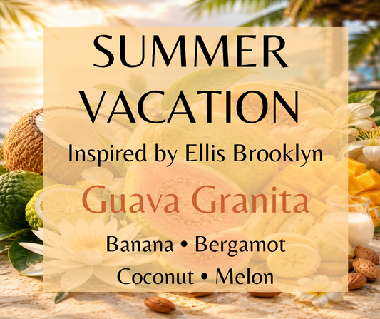 SUMMER VACATION - Inspired by Ellis Brooklyn GUAVA GRANITA - Juicy guava and banana mingle with bergamot and water lily, leading to a heart of coconut, melon, and mango blossom. It dries down to a smooth blend of vanilla, sandalwood, and almond milk, warm, soft, and sun-kissed.  Available in Perfume Oil, Body Spray, Body Oil & Lotion. Dupe Type Clone 