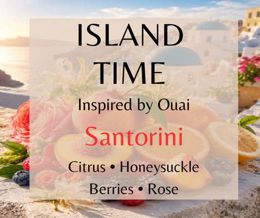 ISLAND TIME - Inspired by Ouai Santorini - Island Time inspired by Ouai Santorini. Juicy peach, citrus, honeysuckle, berries, and warm vanilla create a sun-soaked Mediterranean fragrance. Available in Perfume Oil, Body Spray, and Body Oil from Land of Aahs. Dupe Type Clone