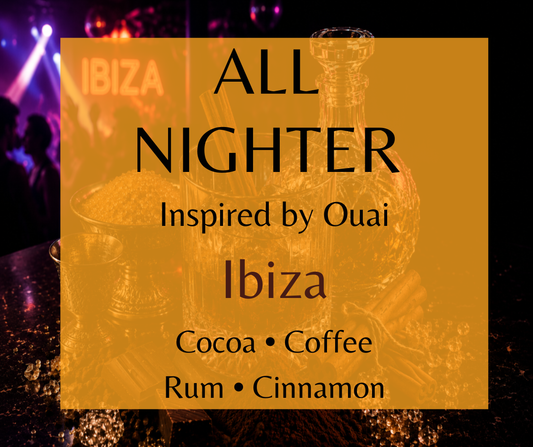 All Nighter inspired by Ouai Ibiza. Sugar, cocoa, coffee, and rum blend with vanilla and cinnamon for a dark, boozy fragrance. Available in Perfume Oil, Body Spray & Body Oil. Dupe Type Clone