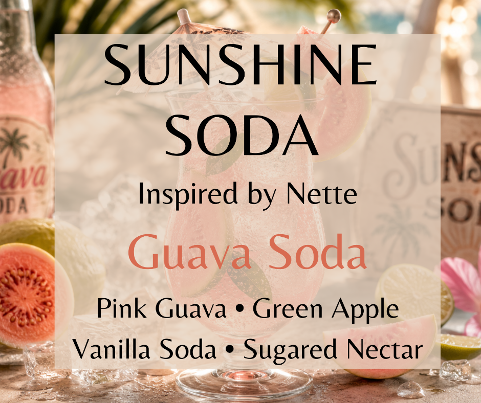 Sunshine Soda - Inspired by Nette GUAVA SODA - A bright tropical blend of pink guava, sparkling citrus, fizzy sweetness, and creamy sunshine. Available in Perfume Oil, Body Spray, Body Oil & Lotion