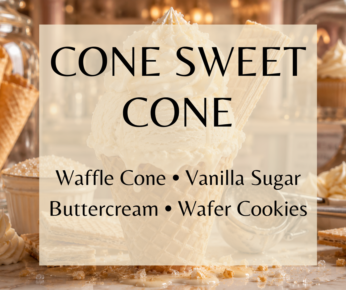 Cone Sweet Cone - A sweet gourmand blend of vanilla sugar, buttercream, wafer cookies, and fresh waffle cone. Available in Perfume Oil, Body Spray, Body Oil & Lotion