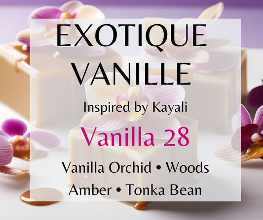Exotique Vanille inspired by Kayali Vanilla 28. Vanilla orchid, tonka bean, and amber woods create a warm, luxurious fragrance. Available in Perfume Oil, Body Spray, Body Oil & Lotion. Dupe type Clone