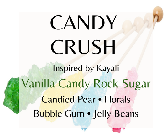 Candy Crush inspired by Kayali Vanilla Candy Rock Sugar. Candied pear, bubble gum, jelly beans, and caramel create a sweet, playful fragrance. Available in Perfume Oil, Body Spray, Body Oil & Lotion. Clone Dupe Type