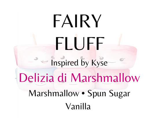 Fairy Fluff inspired by Kyse Delizia Di Marshmallow. Marshmallow, spun sugar, and vanilla create a soft, dreamy gourmand fragrance. Available in Perfume Oil, Body Spray, Body Oil & Lotion. Dupe Type Clone