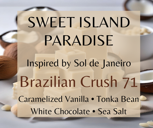 SWEET ISLAND PARADISE - Sweet Island Paradise inspired by Sol de Janeiro Cheirosa 71. Caramelized vanilla, toasted macadamia, and white chocolate create a warm, decadent fragrance. Available in Perfume Oil, Body Spray, Body Oil & Lotion. Dupe Type Clone