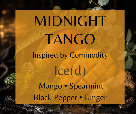 Midnight Tango - Inspired by Commodity Iced -  blends juicy mango, spearmint, eucalyptus, black pepper, ginger, amber, and tonka bean into a bold, cool-spiced fragrance made for after dark. Available in Perfume Oil, Body Spray, Body Oil & Lotion