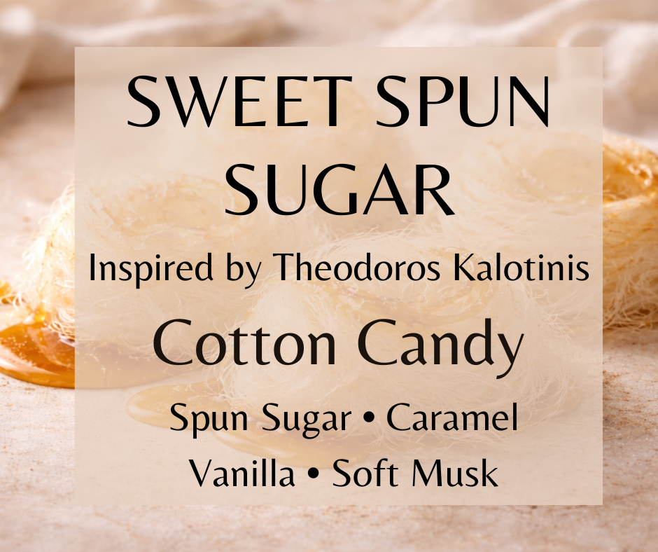 Sweet Spun Sugar inspired by Theodoros Kalotinis Cotton Candy. Spun sugar, caramelized vanilla, and soft musk create a warm, nostalgic fragrance. Available in Perfume Oil, Body Spray, Body Oil & Lotion.