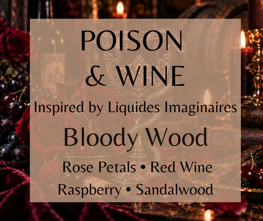 Poison & Wine fragrance blends rose, violet and red wine with cherry, raspberry, aged oak and sandalwood for a dark, romantic fruity-woody scent.  Available in Perfume Oil, Body Spray, Body Oil & Lotion