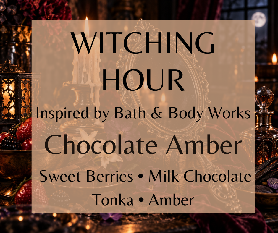 Witching Hour blends warm amber, berries and milk chocolate with jasmine, vanilla, patchouli, tonka and sandalwood for a rich, sensual scent.  Available in Perfume Oil, Body Spray, Body Oil & Lotion