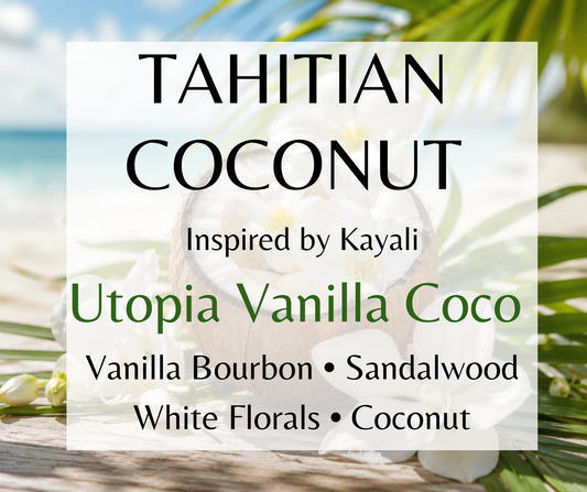 Tahitian Coconut inspired by Kayali Utopia Vanilla Coco. Milky coconut, white florals, and vanilla bourbon create a creamy tropical fragrance. Available in Perfume Oil, Body Spray, Body Oil & Lotion. dupe Type CLone
