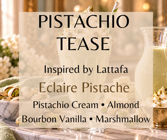 Toasted pistachio and pistachio cream melt into coconut, white cacao, whipped cream, bourbon vanilla, warm milk and marshmallow musk.   Available in Perfume Oil, Body Spray, Body Oil & Lotion