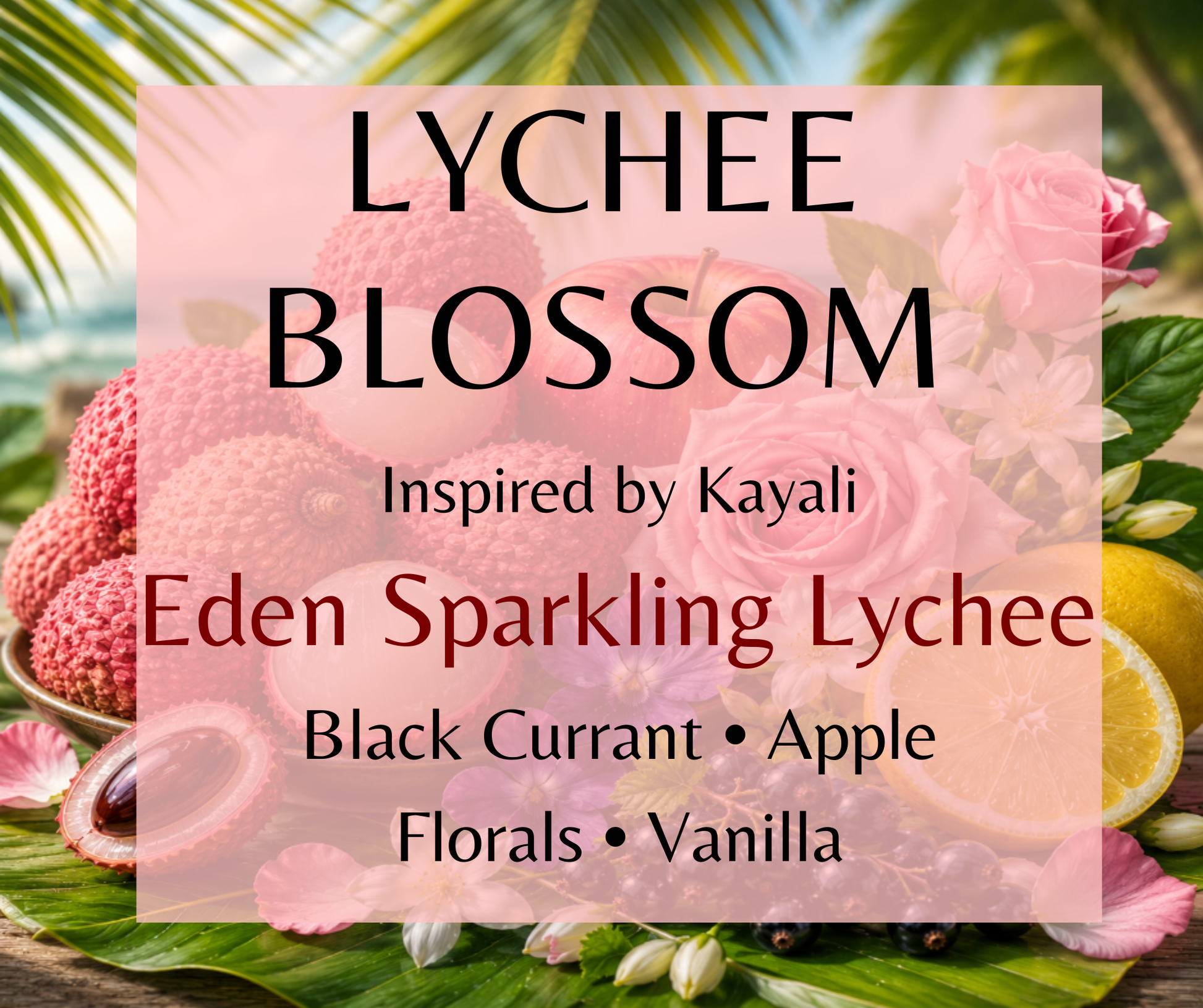 Lychee Blossom inspired by Kayali Eden Sparkling Lychee. Juicy lychee, black currant, and vanilla create a bright, playful fragrance. Available in Perfume Oil, Body Spray, Body Oil & Lotion. Dupe Type Clone