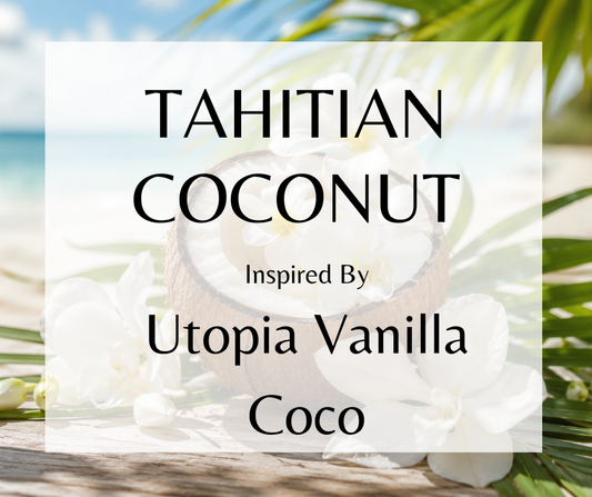 TAHITIAN COCONUT - Inspired by Kayali Utopia Vanilla Coco - Let the creamy and dreamy blend seduce you with its exotic charm. Sweet white flowers, along with notes of sandalwood add a touch of earthy luxury, while the scent of milky coconut takes you on a journey to sun-drenched beaches and lazy days under palm trees. And just a dash of vanilla bourbon for that extra indulgent warmth. Available in Perfume Oil, Body spray, Body Oil