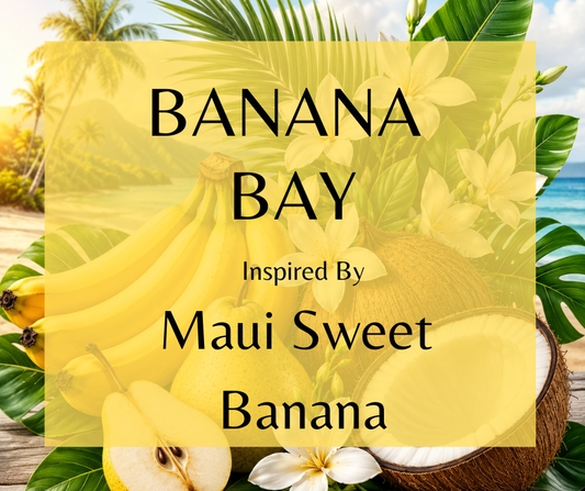 BANANA BAY - Inspired by Maui Sweet Banana - A tropical blend bursting with ripe banana and pear, and creamy essence of coconut. The center reveals jasmine flowers, while cozy sandalwood and vanilla creating a sense of comfort and relaxation. This scent captures the wild, alluring nature of Hawaii’s lush forests, transporting you to a sweet and cozy island getaway.  Available in Perfume Oil, Body Spray, Body Oil & Lotion