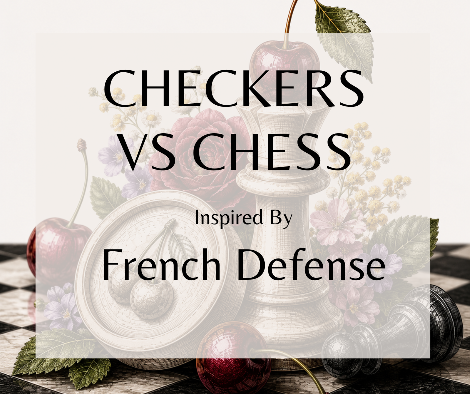 CHECKERS vs CHESS - Inspired by Mind Games French Defense - Soft cherry and violet leaves greet you first, paired with soothing chamomile for an inviting opening. The heart blooms with romantic rose, geranium, and mimosa, a floral blend that feels both elegant and intimate. Warm amber, blonde woods, and creamy cedarwood settle into a grounded, peaceful finish.  Available in Perfume Oil, Body Spray, Body Oil & Lotion. Dupe Type Clone