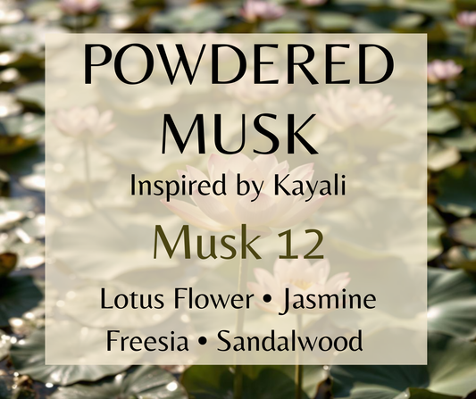 Powdered Musk inspired by Kayali Musk 12. Soft musk, lotus flower, vanilla, and sandalwood create a clean, comforting fragrance. Available in Perfume Oil, Body Spray, Body Oil & Lotion. Dupe Type clone