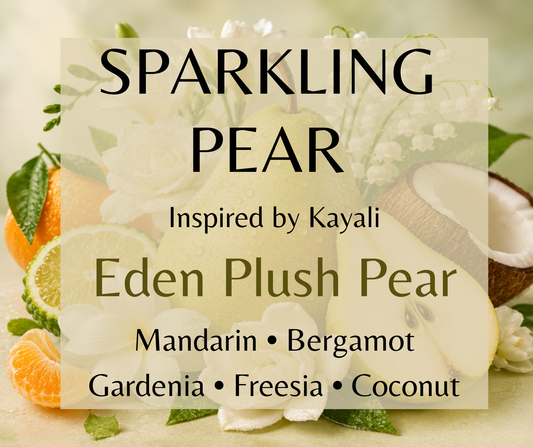 Sparkling Pear inspired by Kayali Eden Plush Pear. Juicy pear, mandarin, and coconut water blend with vanilla and sandalwood for a bright, decadent fragrance. Available in Perfume Oil, Body Spray & Body Oil. Dupe Type clone