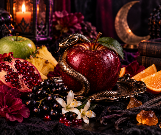 Forbidden Fruit fragrance blends green apple, pomegranate, black currant, jasmine, vanilla and amber. Fruity, enchanting and just a little dangerous. Available in Perfume Oil, Body Spray, Body Oil & Lotion