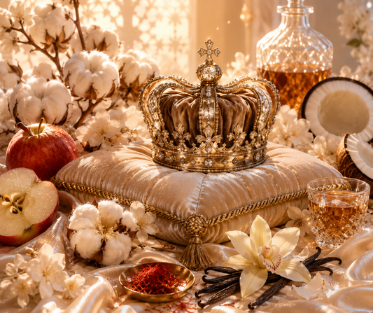 A luxurious blend of cotton flower, crisp apple, saffron, warm rum, creamy vanilla, coconut, and soft musk. Elegant, feminine, and effortlessly regal. Available in Perfume Oil, Body Spray, Body Oil & Lotion