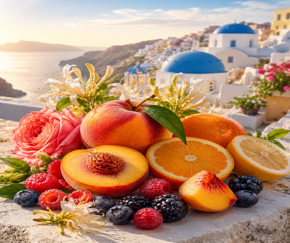 ISLAND TIME - Inspired by Ouai Santorini - Golden hours on a sun-bleached island where the sea meets the sky. Ripe peach and bright citrus drift across whitewashed streets, while honeysuckle and berries ride a warm Mediterranean breeze. Rose blooms like bougainvillea on stone walls. As evening falls, vanilla, amber, and musk glow warm, the way Santorini holds the day's warmth in the air.  Available in Perfume Oil, Body Spray, Body Oil & Lotion. Dupe Type Clone