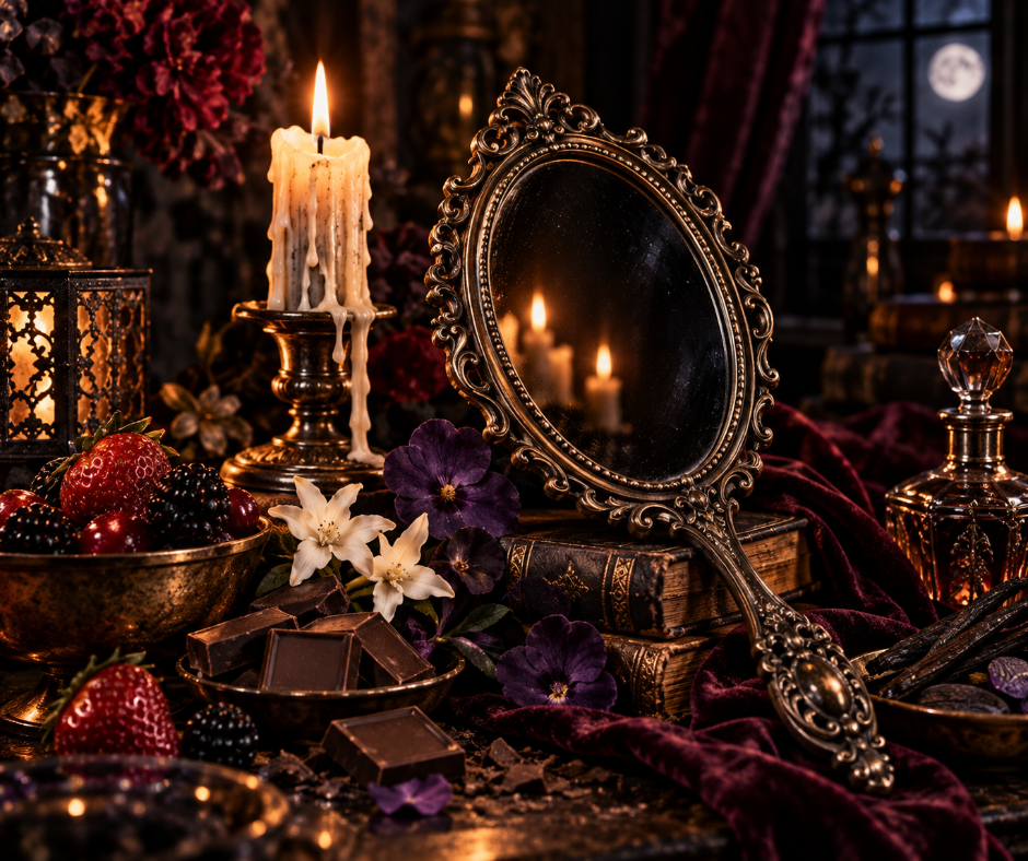 Witching Hour blends warm amber, berries and milk chocolate with jasmine, vanilla, patchouli, tonka and sandalwood for a rich, sensual scent.  Available in Perfume Oil, Body Spray, Body Oil & Lotion