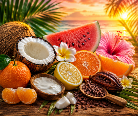 A vibrant blend of citrus, watermelon, creamy coconut, ambergris, amberwood, and cacao for a bright, tropical fragrance that's sunshine in a bottle. Available in Perfume Oil, Body Spray, Body Oil & Lotion